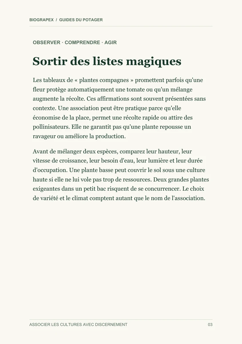 Page intérieure du guide Associer les cultures avec discernement : Sortir des listes magiques