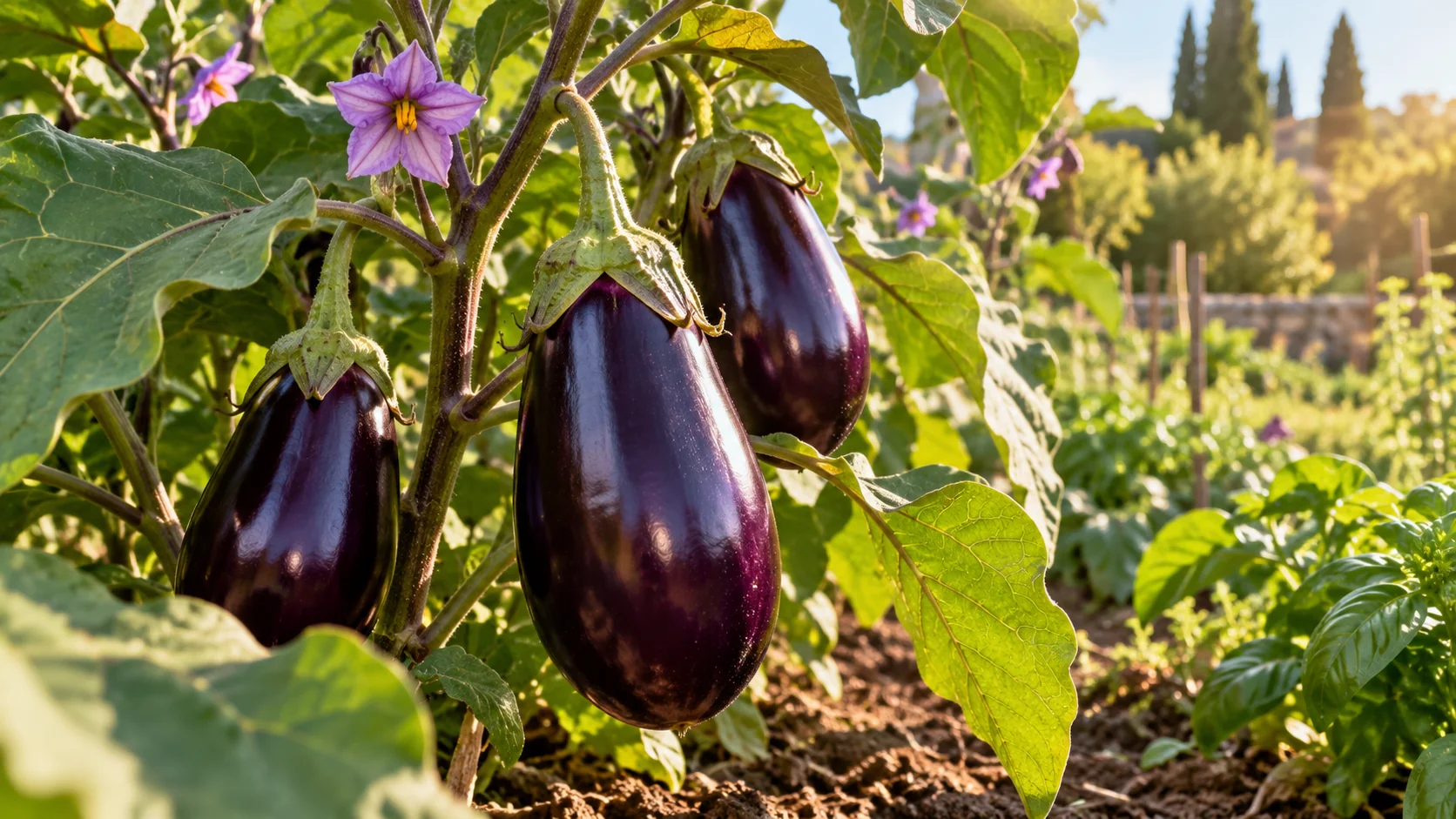 Aubergines violettes sur leurs plants dans un potager ensoleillé
