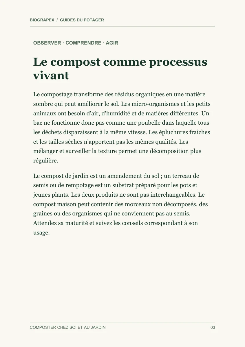 Page intérieure du guide Composter chez soi et au jardin : Le compost comme processus vivant