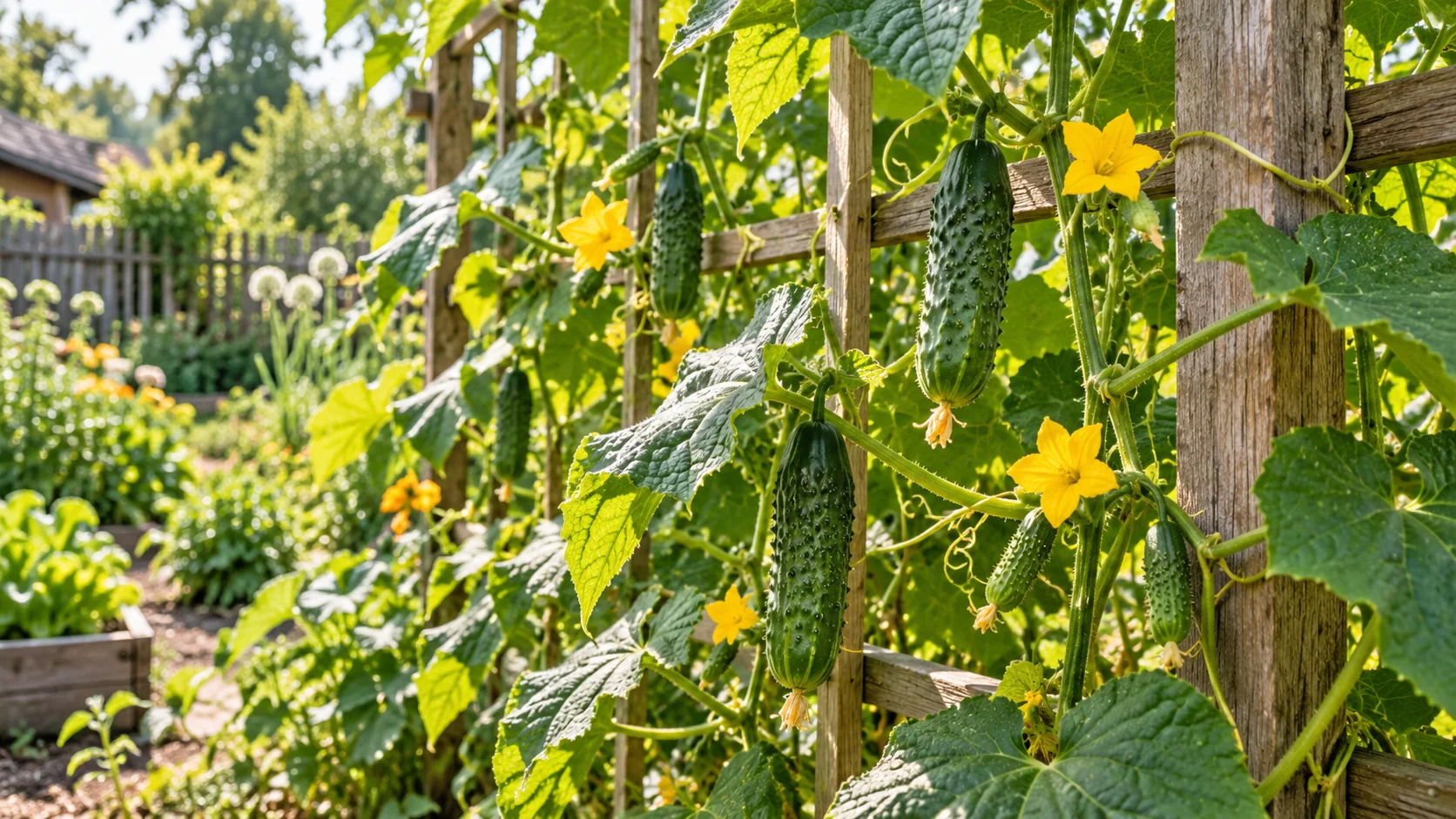 Concombre grimpant sur un treillis en bois dans un petit potager