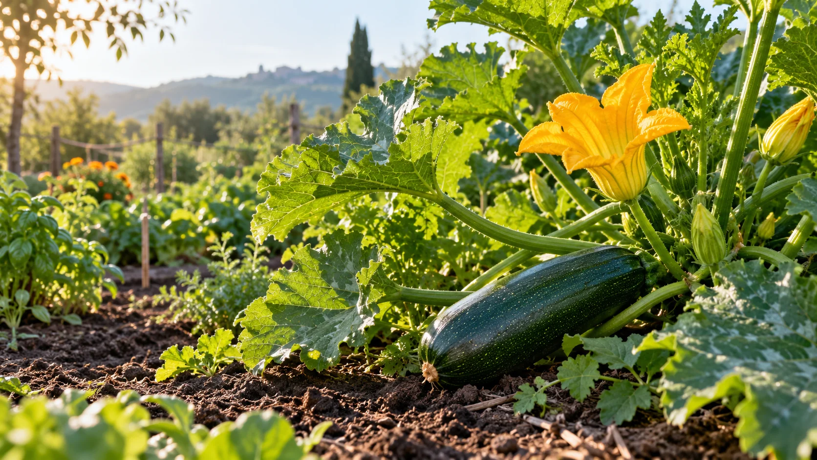 Courgette en croissance parmi les feuilles et les fleurs jaunes au potager