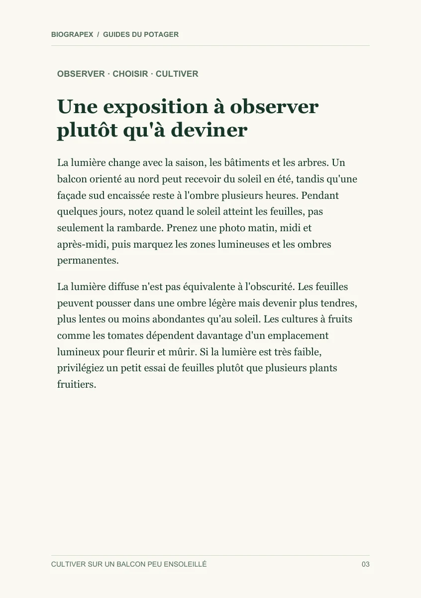 Page intérieure du guide Cultiver sur un balcon peu ensoleillé : Une exposition à observer plutôt qu'à deviner
