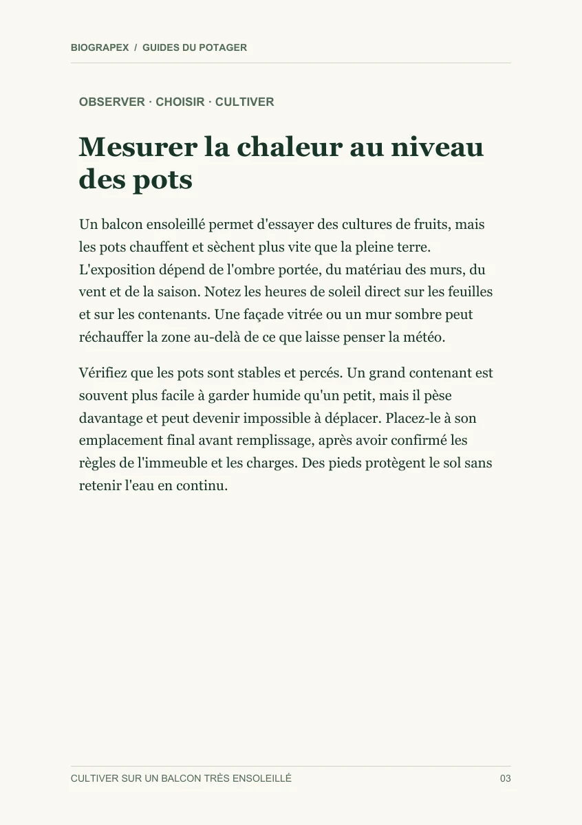 Page intérieure du guide Cultiver sur un balcon très ensoleillé : Mesurer la chaleur au niveau des pots