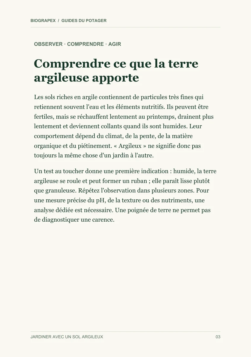 Page intérieure du guide Jardiner avec un sol argileux : Comprendre ce que la terre argileuse apporte