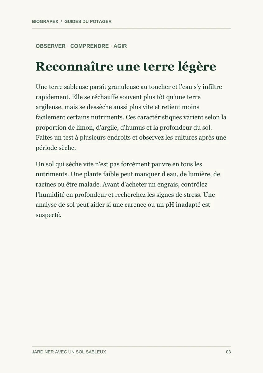 Page intérieure du guide Jardiner avec un sol sableux : Reconnaître une terre légère