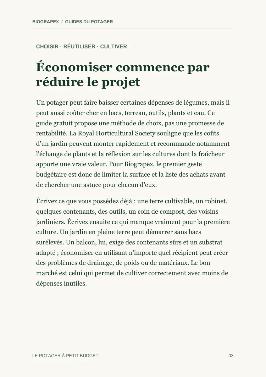 Page intérieure du guide Le potager à petit budget : Économiser commence par réduire le projet