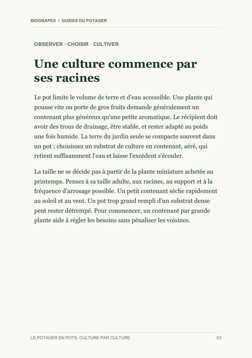 Page intérieure du guide Le potager en pots, culture par culture : Une culture commence par ses racines