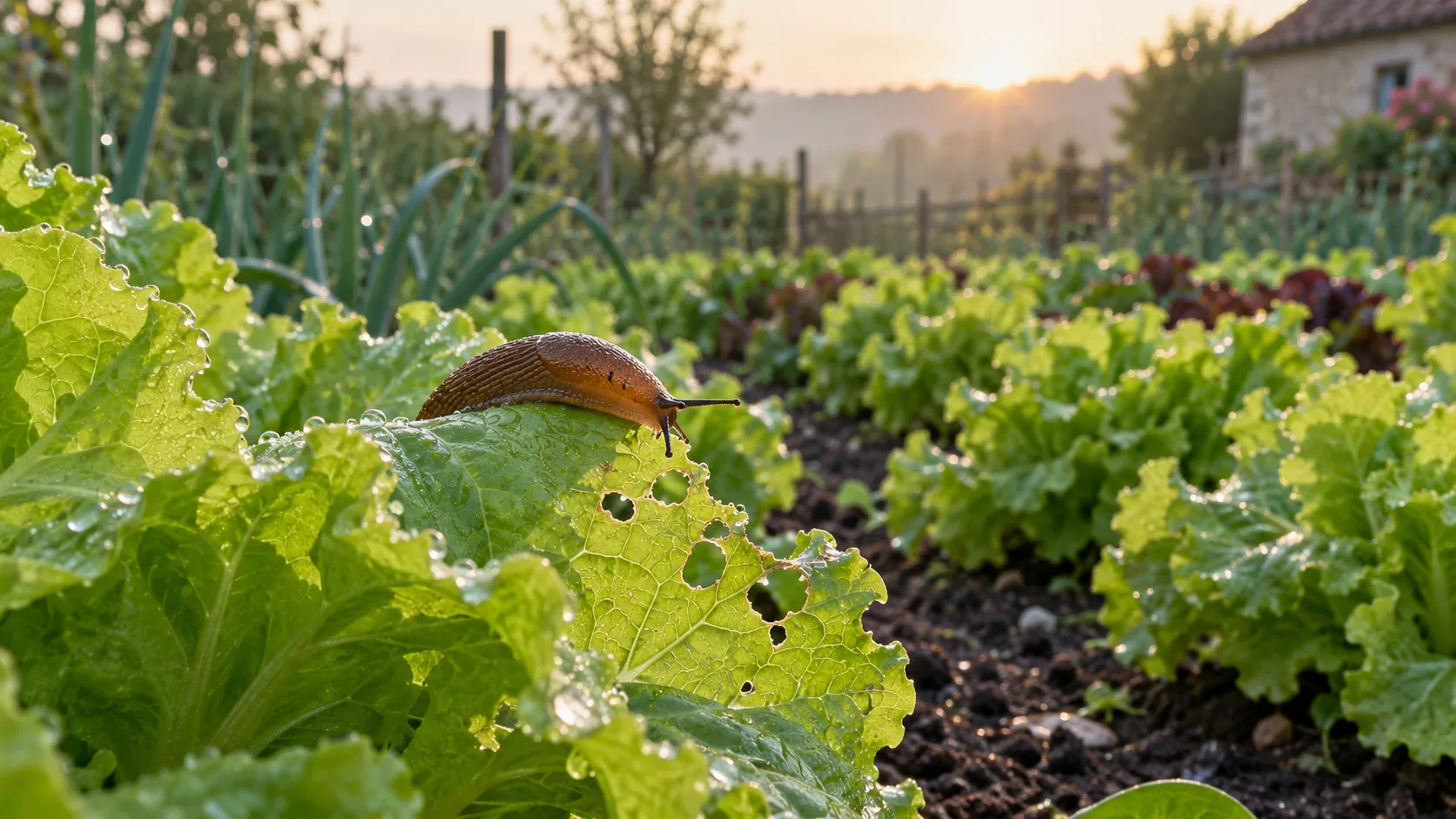 Illustration de limaces sur une jeune salade au potager