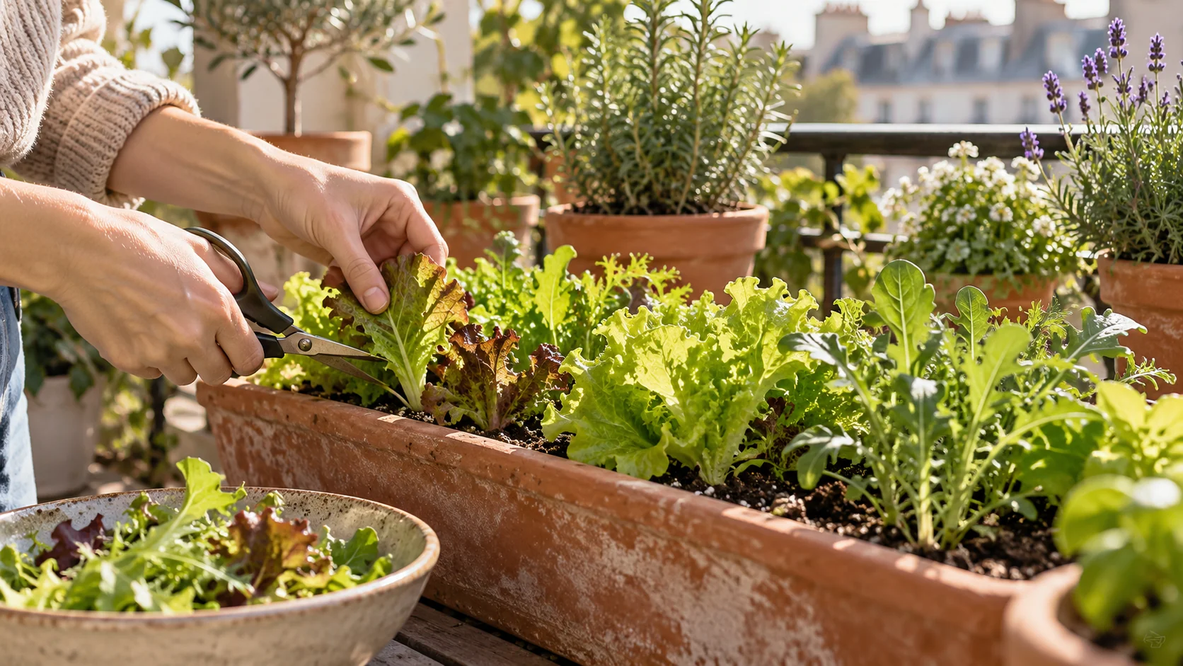 Récolte de jeunes feuilles de salade dans une jardinière en terre cuite sur un balcon