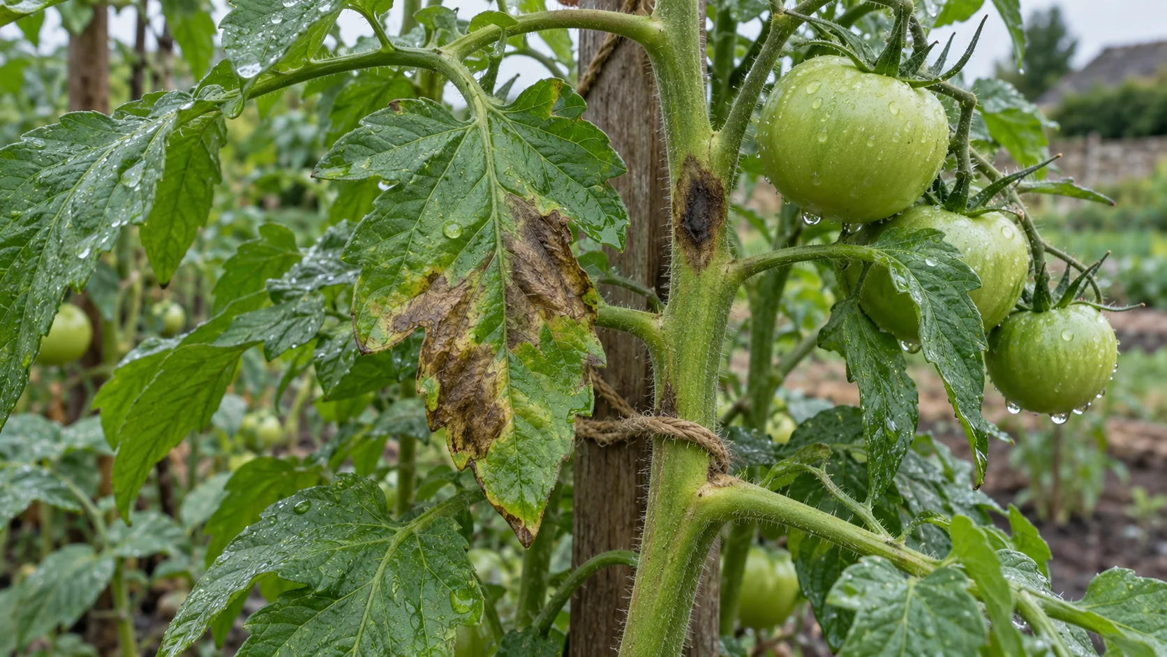Illustration d'un plant de tomate humide avec une feuille brune, sans valeur de diagnostic