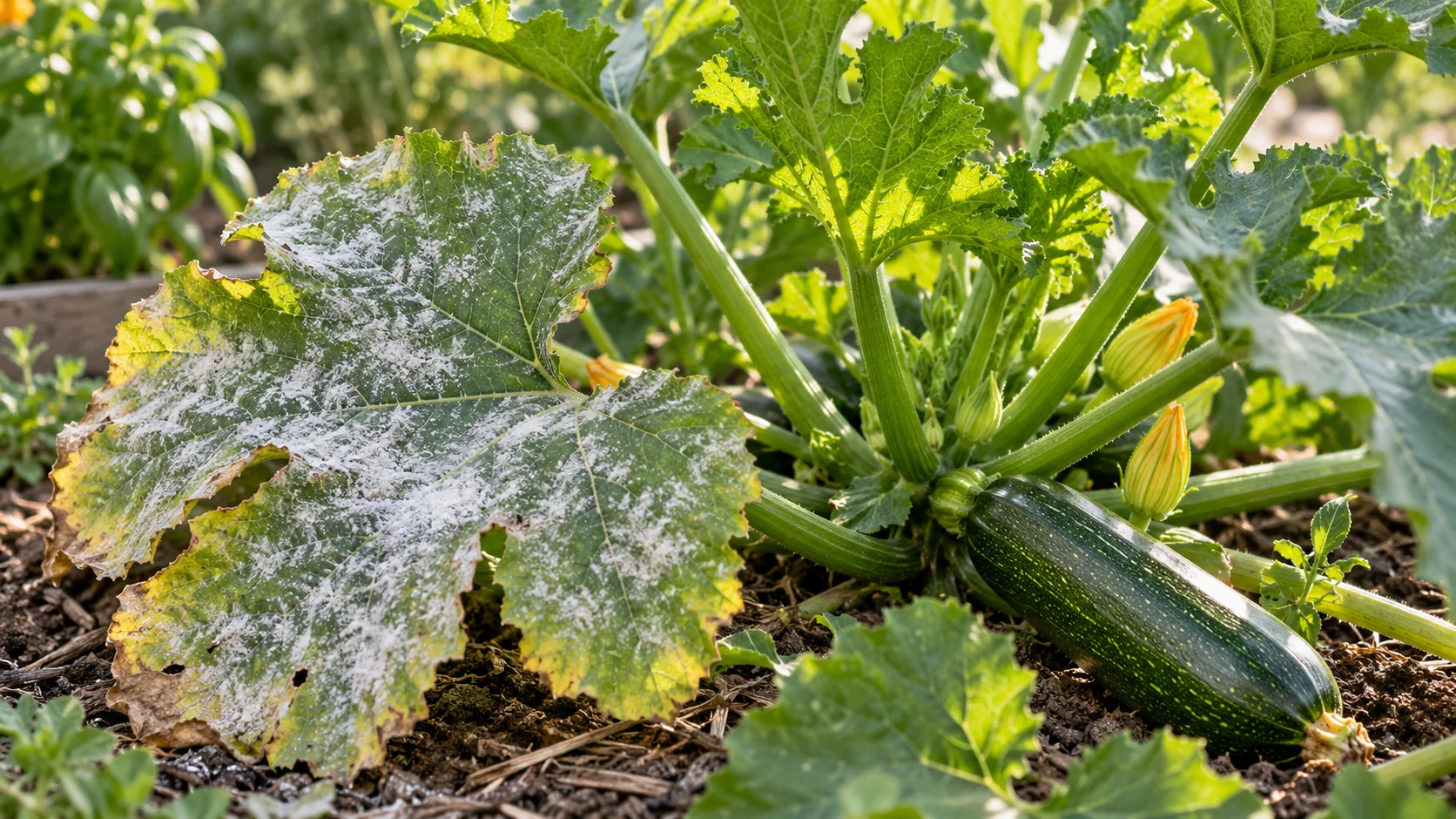 Illustration d'une courgette et d'une feuille portant un dépôt blanc évoquant l'oïdium