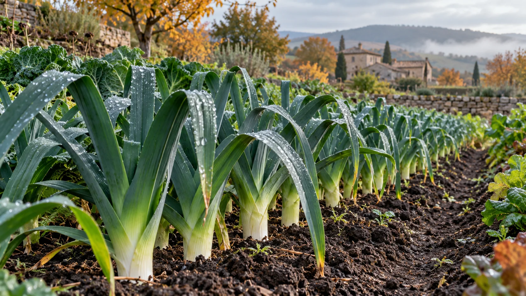 Rangs de poireaux au potager pendant une matinée d'automne