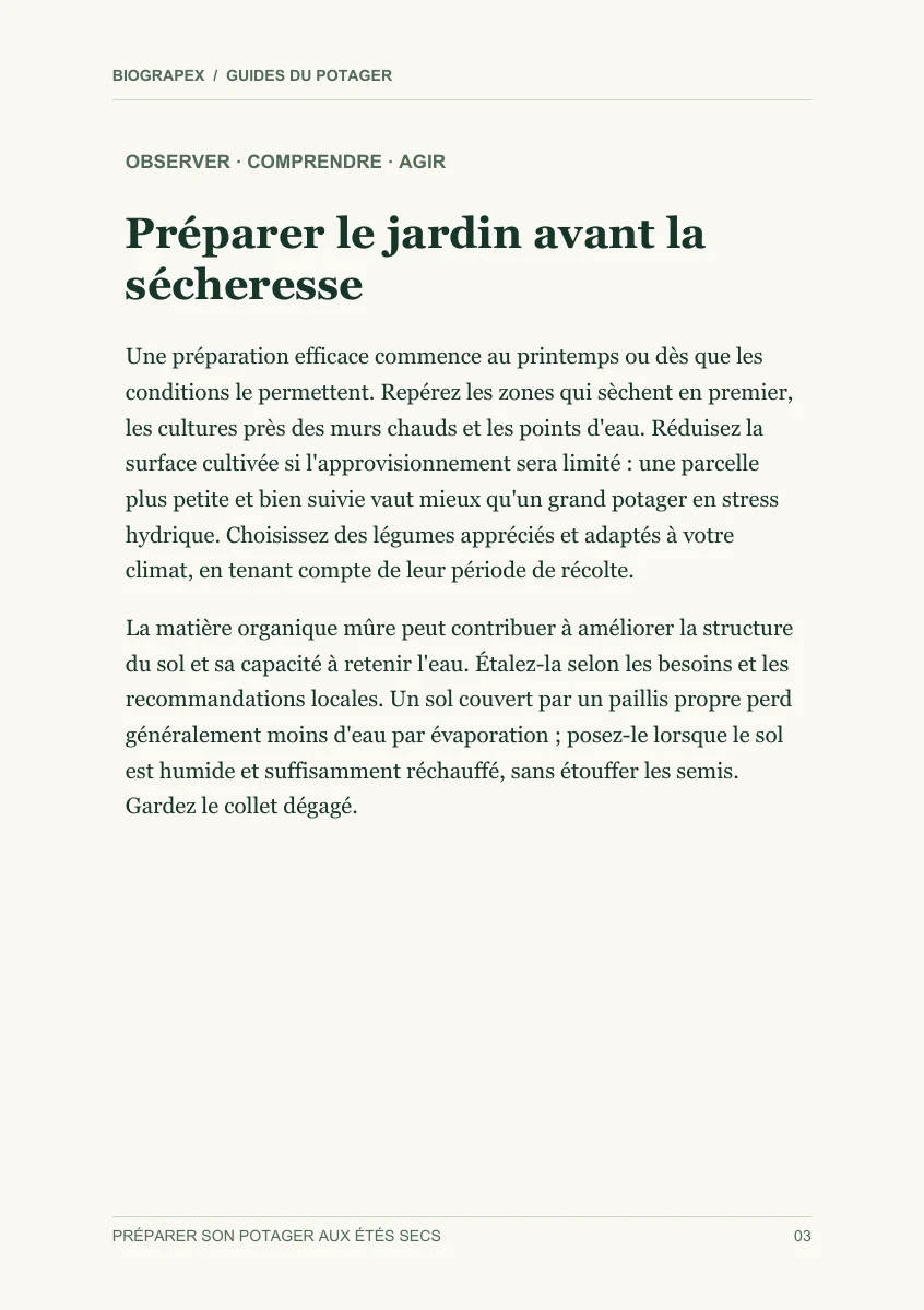 Page intérieure du guide Préparer son potager aux étés secs : Préparer le jardin avant la sécheresse