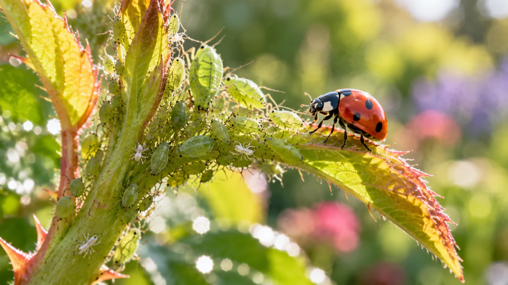 Colonie de pucerons sur une jeune pousse avec une coccinelle à proximité