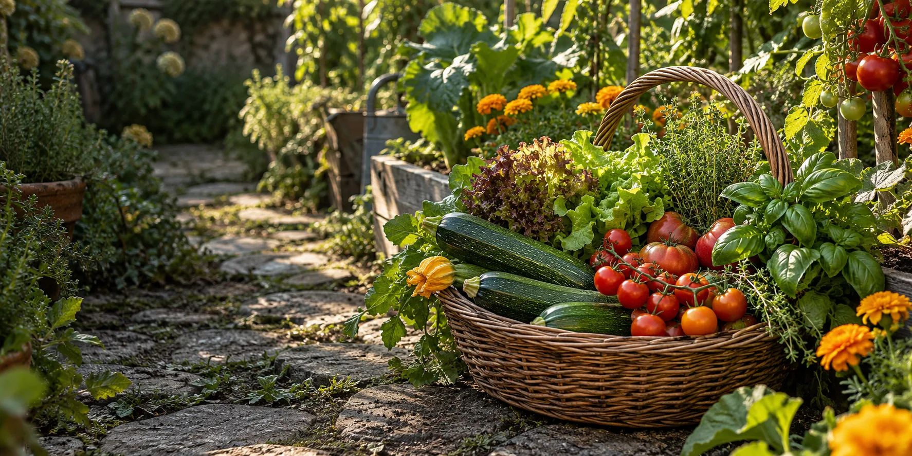 Panier de courgettes, tomates et feuilles fraîchement récoltées dans un potager