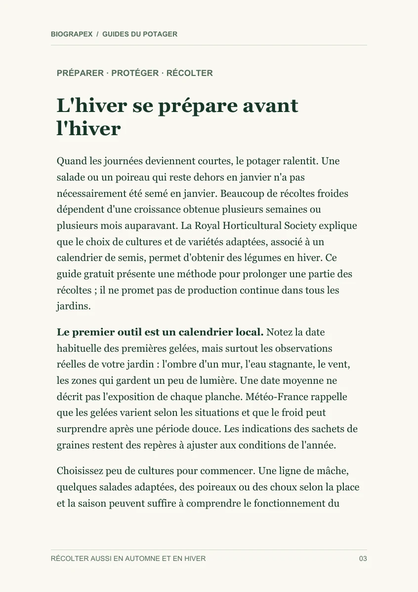 Page intérieure du guide Récolter aussi en automne et en hiver : L'hiver se prépare avant l'hiver