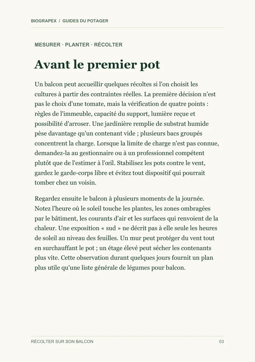 Page intérieure du guide Récolter sur son balcon : Avant le premier pot