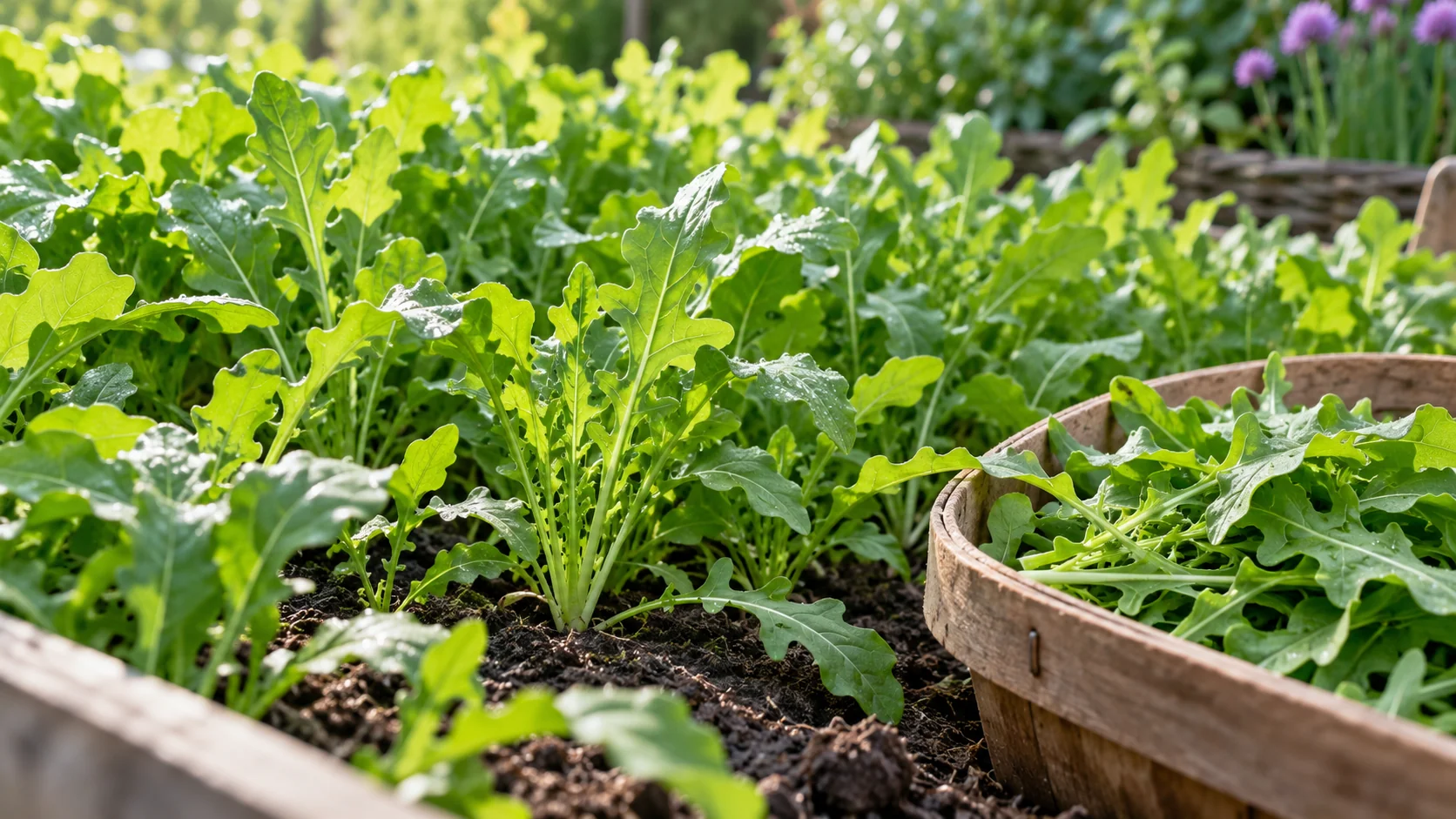 Jeunes feuilles de roquette dans une plate-bande de potager