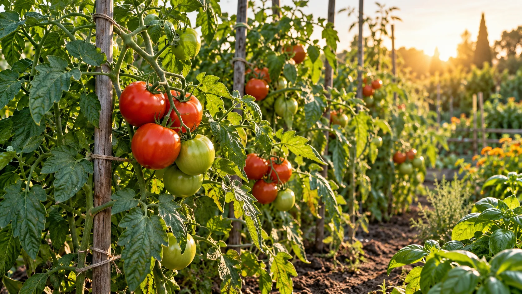 Tomates rouges et vertes sur des plants tuteurés dans un potager d'été