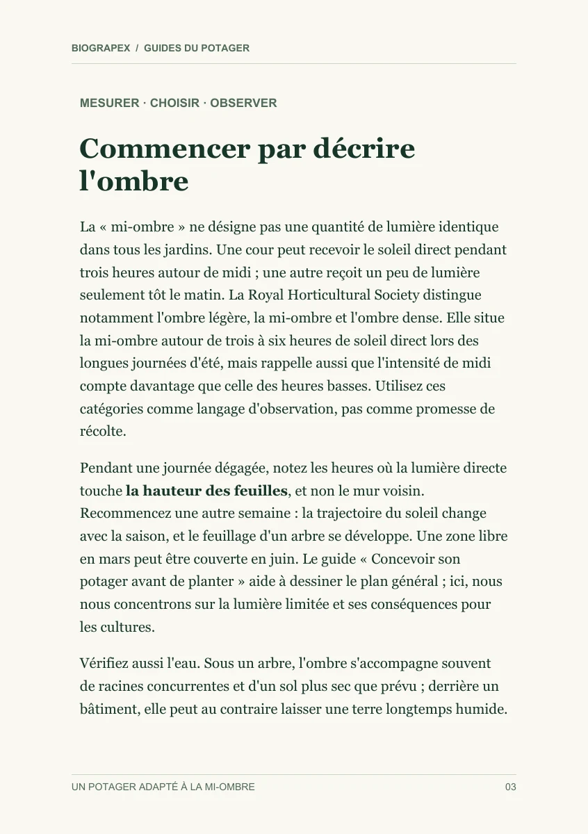Page intérieure du guide Un potager adapté à la mi-ombre : Commencer par décrire l'ombre