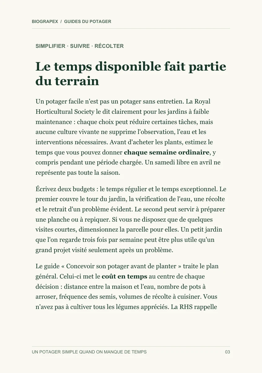 Page intérieure du guide Un potager simple quand on manque de temps : Le temps disponible fait partie du terrain